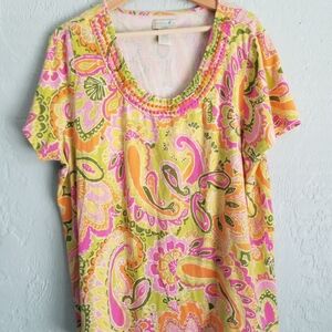 Caribbean Joe Womens Tropical Top Shirt Scoop Neck Blouse Size XL